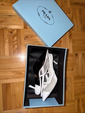 Prada White Pointed-Toe Strappy Slingback Heels